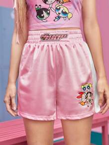 The Powerpuff Girls | ROMWE Quần đùi nữ Túi Hoạt hình Lá thư Giải trí - Hồng - Xem 5