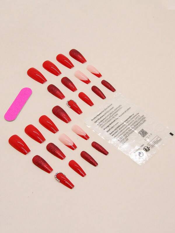Get Glamorous with 24pcs Long Coffin Red French Glitter Style Fake Nail