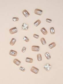 Transform Your Nails With 24pcs Medium Square 3D Butterfly Decor Rhinestone Fake Nail & 1pc Nail File & 1sheet Tape Press On Nails Nail Supplies - Multicolor - View 4