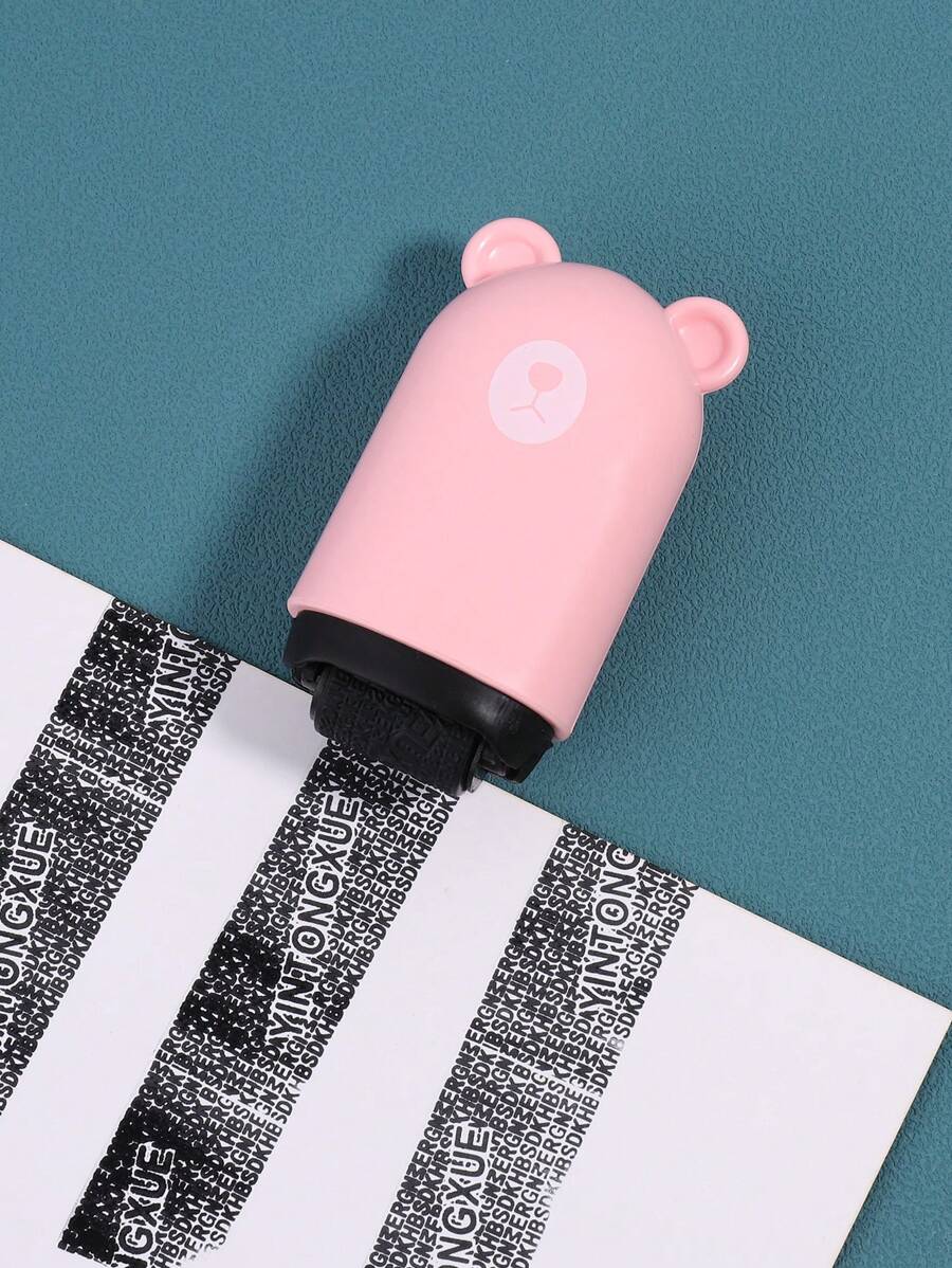 1pc Cartoon Bear Design Roller Stamp With Hand Rope, Cute Portable Personal Information Privacy Roller Stamp For Information Protection - Pink - View 1