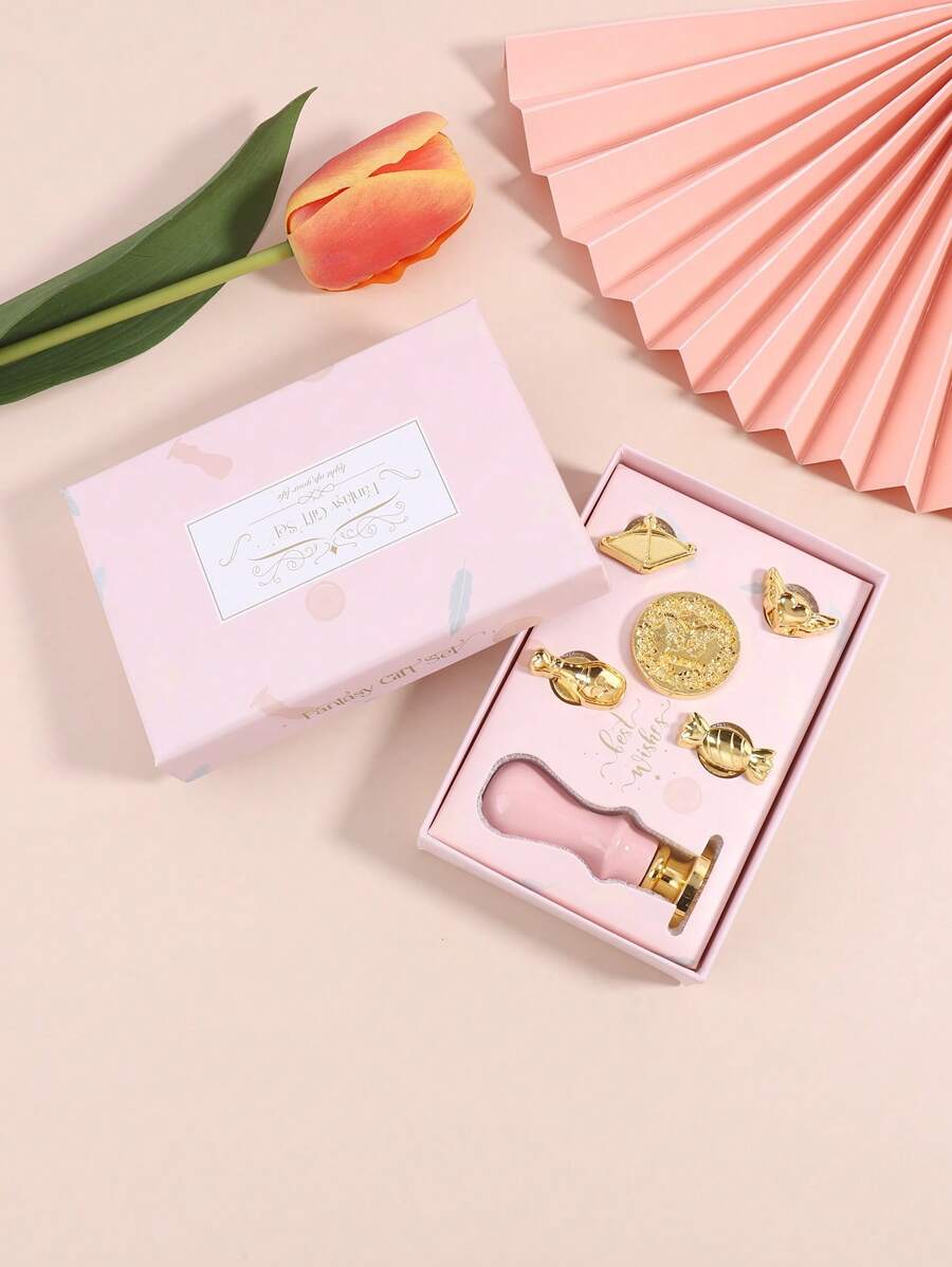 1枚素色蠟印章帶6枚蠟印章頭復古可拆卸多用途蠟印章套裝適用於信件、信封、手帳 - 粉色 - 查看 1