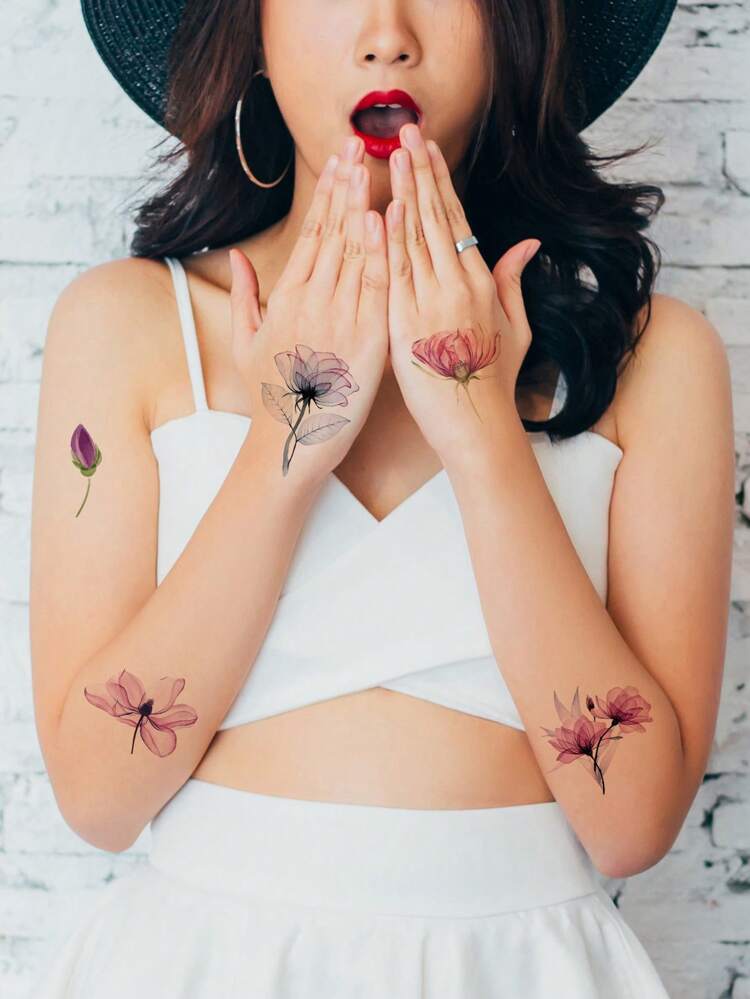 Temporary Watercolor Flower Tattoo Sticker For Women & Girls, 1pc Disposable, Water Resistant, Artistic, Suitable For Face, Body, Arm, Party, Gift, Cosmetics