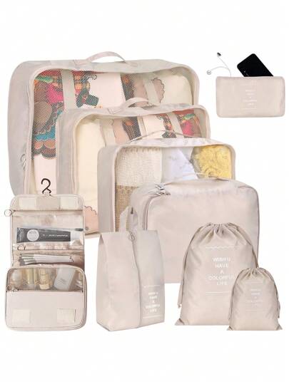 9pcs Travel Storage Bag Letter Graphic Beige Clothes Storage Bag,Travel Organizer Set,Packing Cube Set,Suitcase Storage Bag Set School Supplies College Dorm Essentials for Student Room Decor Bedroom Decor Packing Cubes Clothes Organizer Travel Bag Set Travel Organizer Set Travel Essentials