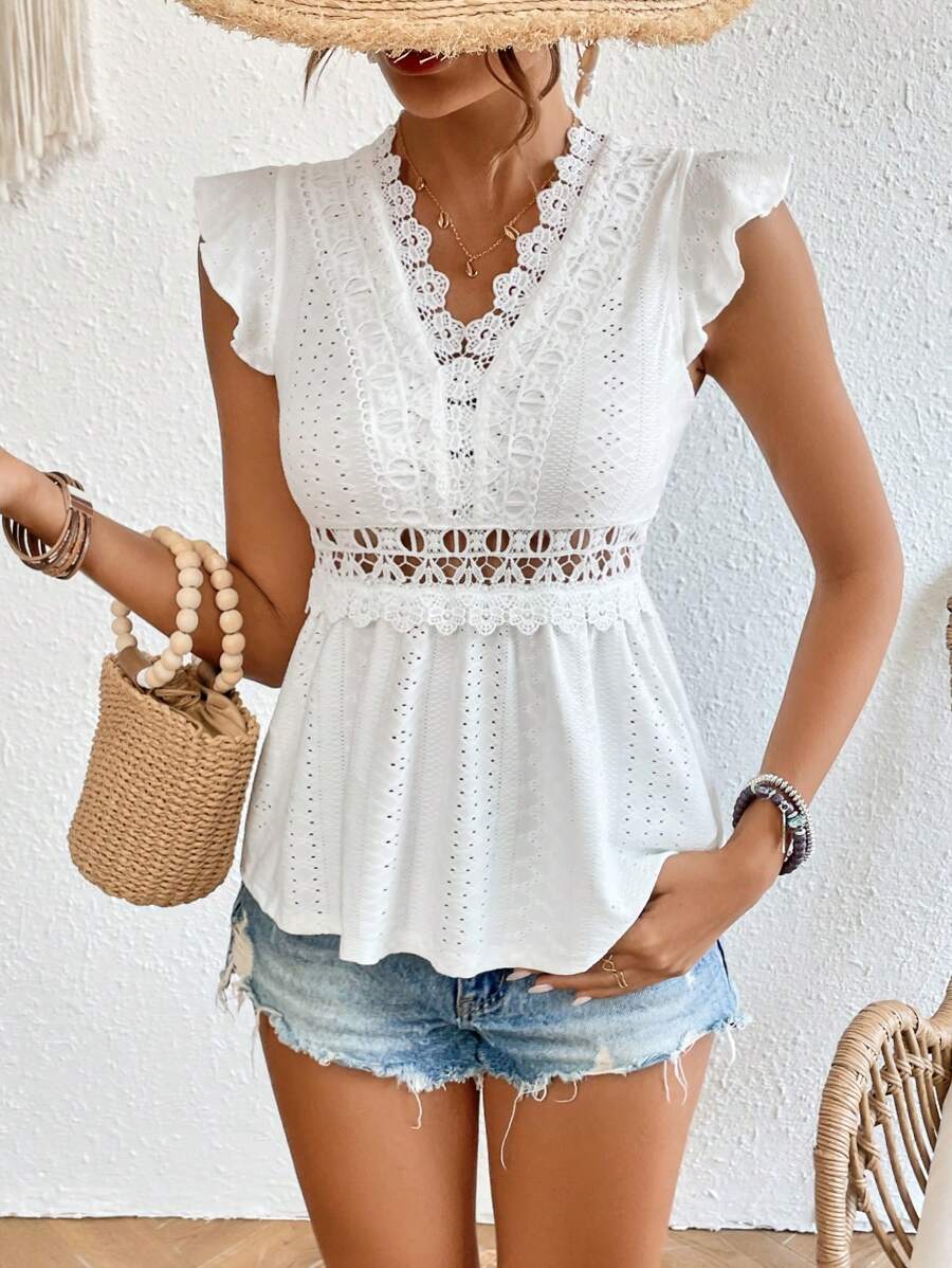 SHEIN Frenchy 拼接水溶蕾絲蝴蝶袖荷葉邊下擺T恤 - 白色 - 查看 1