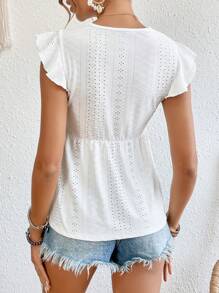 SHEIN Frenchy 拼接水溶蕾絲蝴蝶袖荷葉邊下擺T恤 - 白色 - 查看 5