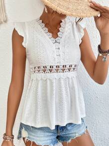 SHEIN Frenchy 拼接水溶蕾絲蝴蝶袖荷葉邊下擺T恤 - 白色 - 查看 4