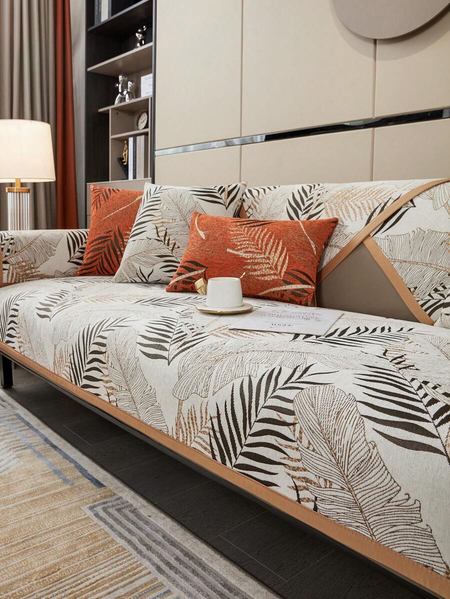 1入組熱帶樹葉圖案沙發巾，現代滌綸防滑沙發套，家居，四季 - 米色 - 查看 1