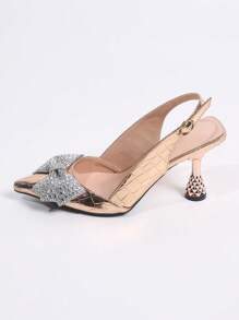 女士尖头高跟鞋，时尚细跟鞋，带蝴蝶结和水钻装饰 - 香檳色 - 查看 5