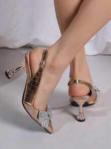 女士尖头高跟鞋，时尚细跟鞋，带蝴蝶结和水钻装饰 - 香檳色 - 查看 6