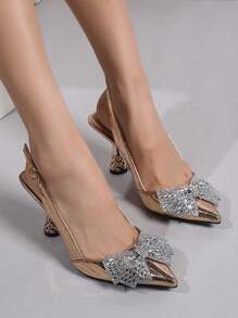 女士尖头高跟鞋，时尚细跟鞋，带蝴蝶结和水钻装饰 - 香檳色 - 查看 7