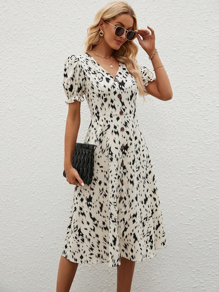 SHEIN Clasi 滿版印花泡泡袖A字連衣裙 - 彩色 - 查看 1