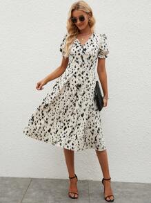 SHEIN Clasi 滿版印花泡泡袖A字連衣裙 - 彩色 - 查看 4