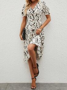 SHEIN Clasi 滿版印花泡泡袖A字連衣裙 - 彩色 - 查看 5