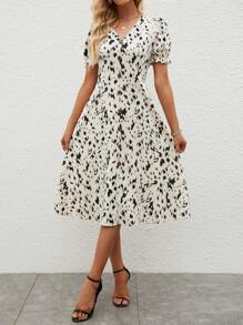 SHEIN Clasi 滿版印花泡泡袖A字連衣裙 - 彩色 - 查看 6