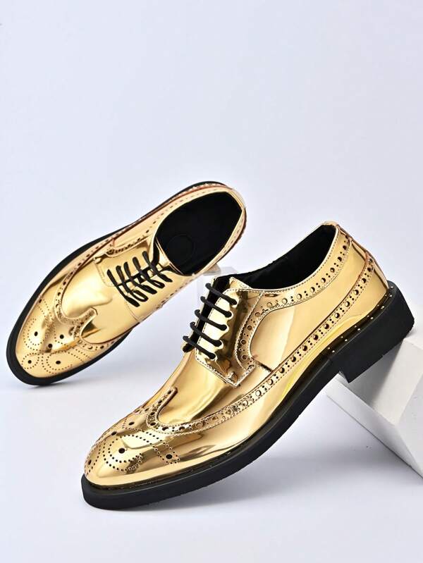 Business Gold Dress Shoes For Men, Metallic Wingtip Detail Laceup