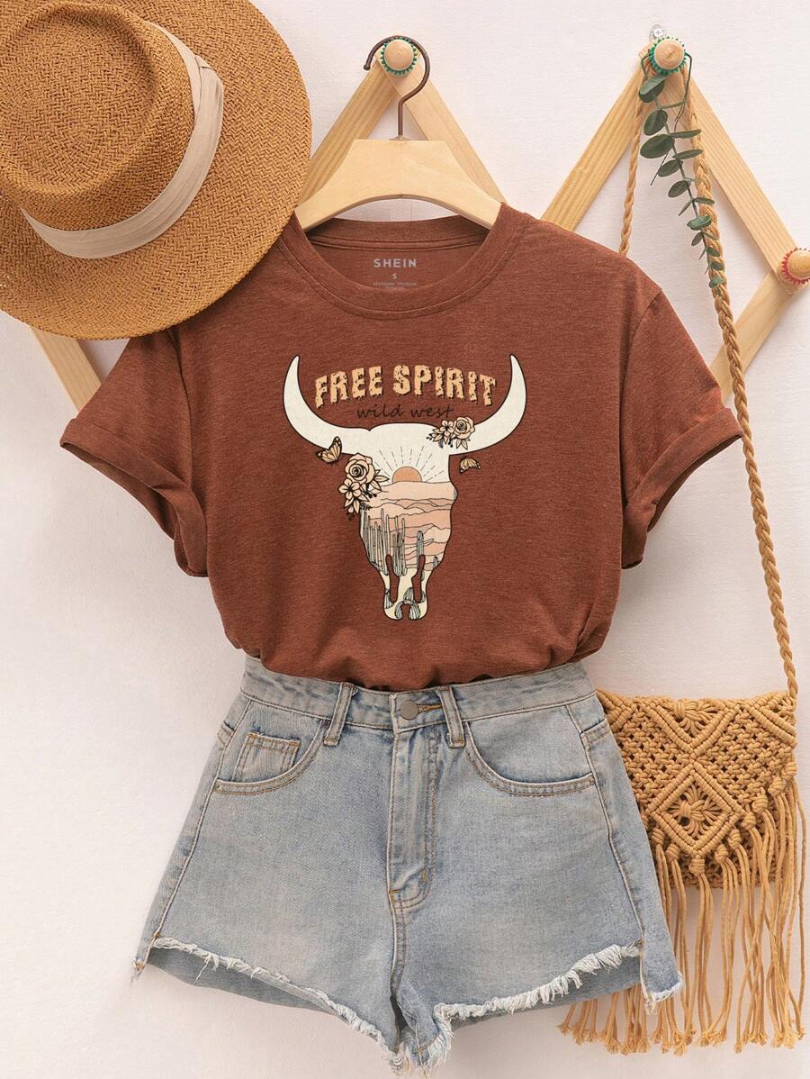 SHEIN LUNE Áo thun nữ Slogan Giải trí - màu nâu - Xem 1