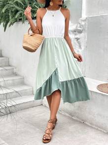 SHEIN VCAY Colorblock Ruffle Hem Halter Dress - Multicolor - View 1