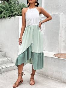 SHEIN VCAY Colorblock Ruffle Hem Halter Dress - Multicolor - View 3