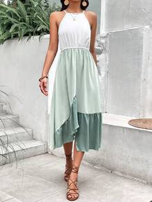 SHEIN VCAY Colorblock Ruffle Hem Halter Dress - Multicolor - View 5