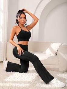 Yoga Basic Quần Thể thao Nữ Bất đối xứng Túi màu trơn - màu đen - Xem 6