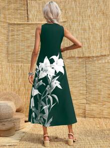 GENKIRA 印花缺口領連衣裙 - 綠色 - 查看 2