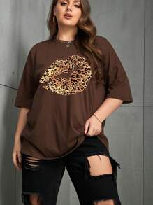 INAWLY Plus Size Leopard Lip Print Drop Shoulder Tee - Chocolate Brown - View 1