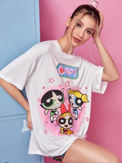 The Powerpuff Girls | ROMWE T-shirt ample à manches tombantes avec imprimé dessin animé, école