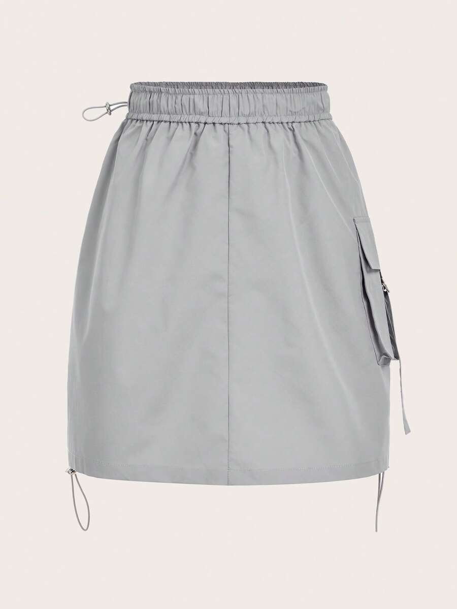 SHEIN ICON Solid Drawstring Waist Cargo Skirt - Grey - View 1