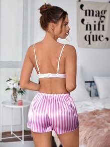 RueChic 條紋印花蕾絲邊前蝴蝶結睡衣套裝 - 粉色 - 查看 2