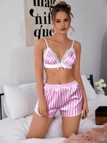 RueChic 條紋印花蕾絲邊前蝴蝶結睡衣套裝 - 粉色 - 查看 3