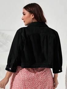 Áo Jacket Denim Plus Size Túi Nút phía trước màu trơn Giải trí - màu đen - Xem 2