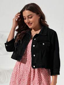 Áo Jacket Denim Plus Size Túi Nút phía trước màu trơn Giải trí - màu đen - Xem 4