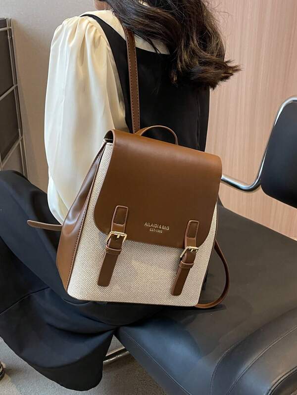 1pc Fashionable Simple Color Block Backpack,Suitable For Ladies' Daily Use,School Bag,Portable,Laptop Compartment,Large Capacity,For Teen Girls Women College Students,College,Middle School,High School,Outdoors,Travel,Outings,Elementary School,Office