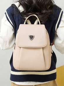 Small Flap Backpack Solid Color Metal Decor - Beige - View 7