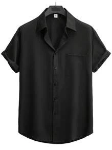 Manfinity Homme Men Solid Button Up Pocket Patched Shirt Button Up Shirt - Black - View 1