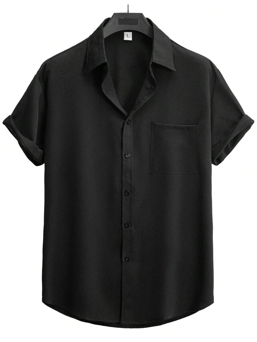 Manfinity Homme Men Solid Button Up Pocket Patched Shirt Button Up Shirt - Black - View 1