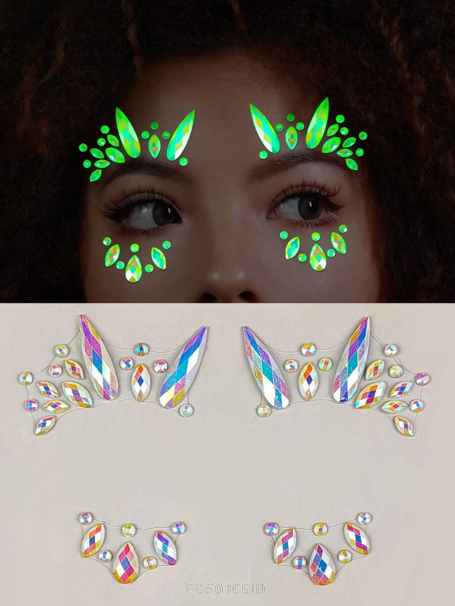 1 hoja Pegatina tatuaje facial luminoso con diamante de imitación para fiesta - Multicolor - Ver 1