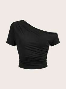 SHEIN EZwear Solid Asymmetrical Neck Ruched Side Crop Tee