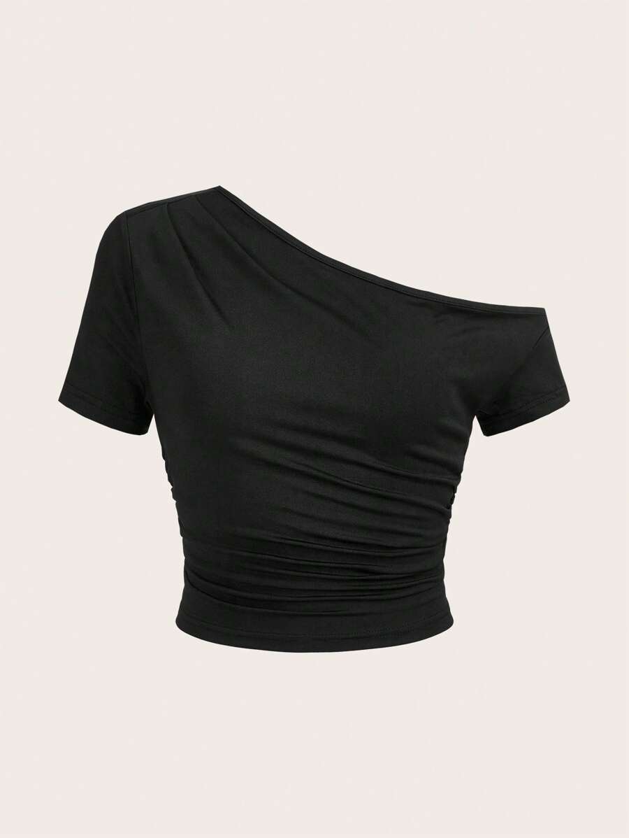 SHEIN EZwear Solid Asymmetrical Neck Ruched Side Crop Tee