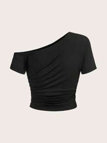 SHEIN EZwear Solid Asymmetrical Neck Ruched Side Crop Tee