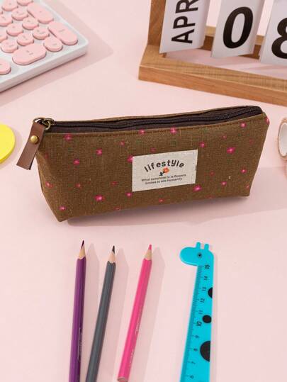 1入組花朵圖案貼布裝飾文具創意便攜筆包適用於學生文具收納