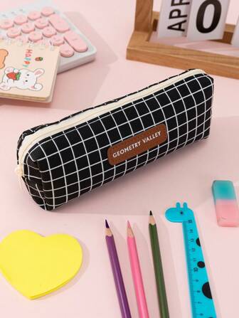 簡約方格帆布筆袋，容量大，多用途，適用於學生和上班族