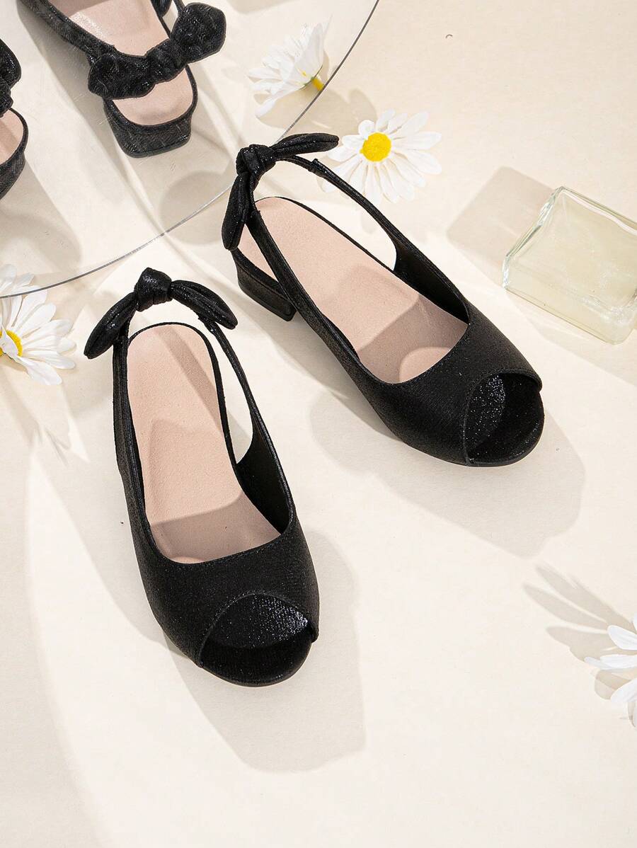 Girls Bow Decor Slingback Chunky Heeled Sandals For Outdoor - Black - View 1