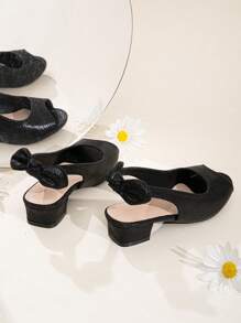 Girls Bow Decor Slingback Chunky Heeled Sandals For Outdoor - Black - View 2