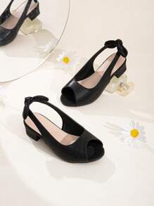 Girls Bow Decor Slingback Chunky Heeled Sandals For Outdoor - Black - View 3