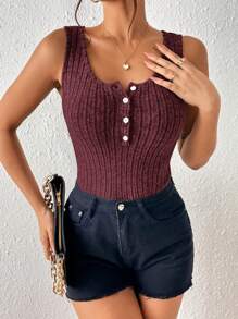 SHEIN Frenchy Áo khoác và áo lót dành cho xe tăng nữ Nút Gân đan màu trơn Giải trí - Màu Đỏ Sâu - Xem 5