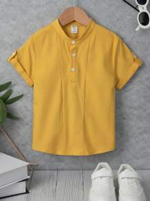 SHEIN Toddler Boys Half Button Roll Up Sleeve Shirt - Yellow - View 1