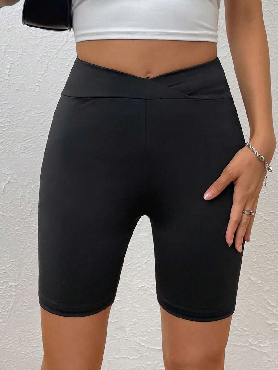 SHEIN EZwear 素色騎行褲 - 黑色 - 查看 1