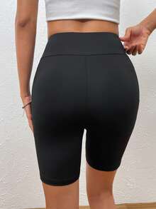 SHEIN EZwear 素色騎行褲 - 黑色 - 查看 2