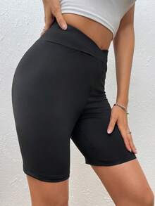 SHEIN EZwear 素色騎行褲 - 黑色 - 查看 3